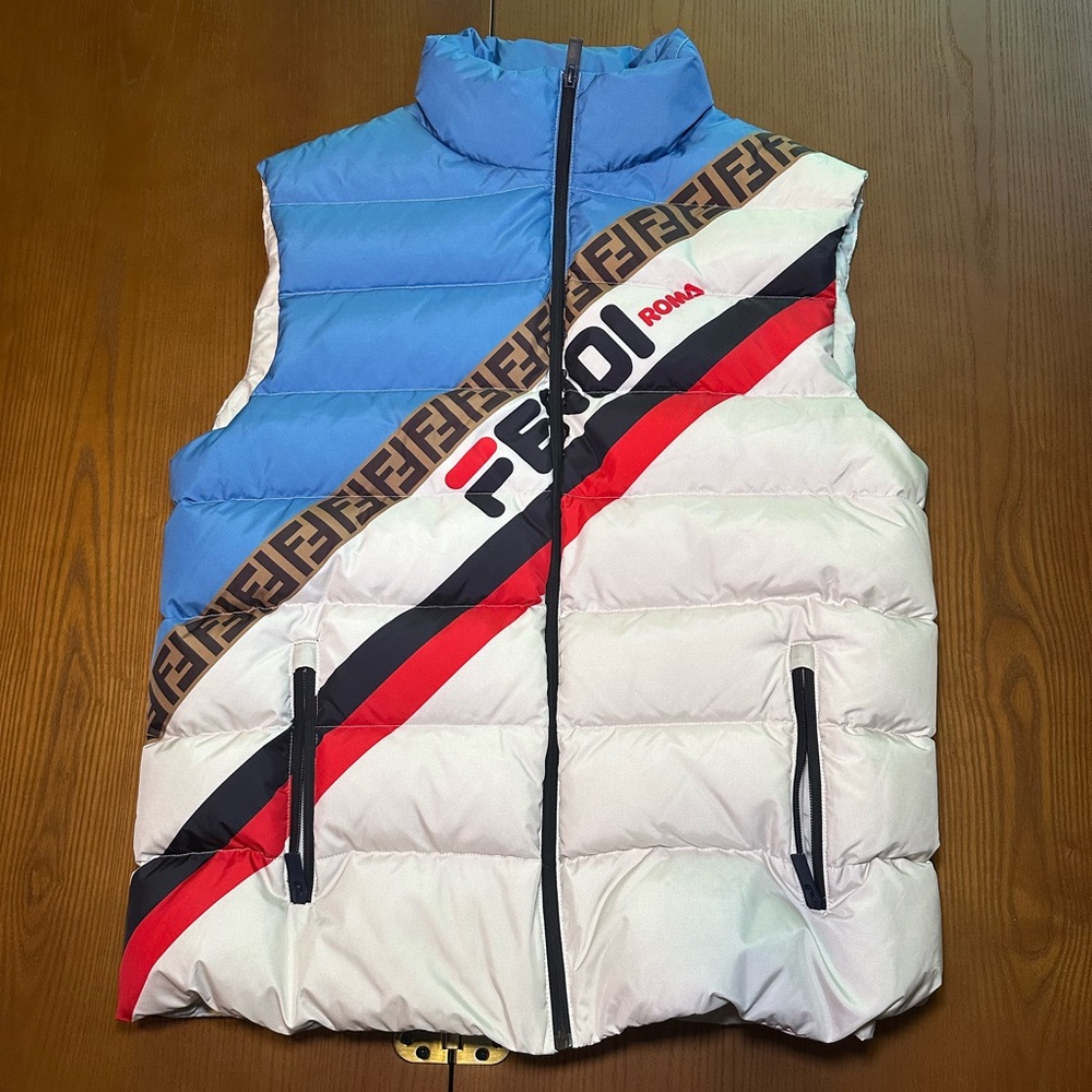 Fendi Blue, White and Red Puffer Vest with Logo Design
